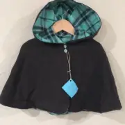 Cape 100% Wool Girl 4T Coat Gray & Blue Teal Plaid Outdoor Preppy Flannel Hood