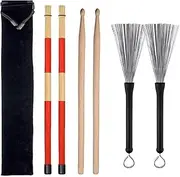 BEANPRECOY Drum Sticks Set,5A Maple Wood Drum Sticks 1 Pair, Retractable Drum Wire Brushes 1 Pair, Rods Drum Brushes 1 Pair,Jazz Acoustic Music Lover Gift Kids, Adults, Rock Band, Students