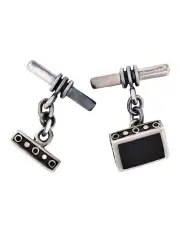 [Cudworth] Square Sterling Silver Cufflinks with Onyx Inlay on T-Bar & Chain in Black
