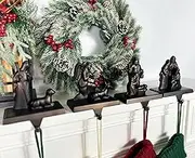 4PC Christmas Stocking Holder for Mantle, Reusable Nativity Scene Christmas Stocking Hooks, Xmas Hanger for Fireplace Christmas Decoration Ornaments Hanging Shelf Floor