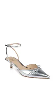 Jewel Badgley Mischka Talasia Ankle Strap Pointed Toe Kitten Heel Pump in Silver Metallic at Nordstrom, Size 11