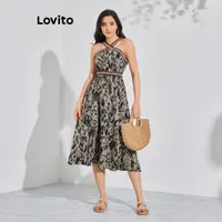 在飛比找蝦皮商城優惠-Lovito 女用休閒點點編織拼色十字交叉連身裙 LBL08