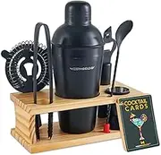 8-Piece Cocktail Set - Stainless Steel Shaker, Measuring Cup, Strainer, Mixing Spoon, Tongs, Bottle Opener, Wooden Stand & Recipe Cards Parties and Holidays (Matte Black - Wood Colour)