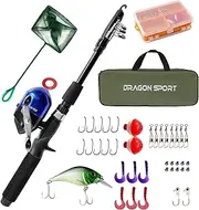 Dragon Sport Kids Fishing Pole Spincast Youth Fishing Pole Tackle Box - with Net,Travel Bag,Rod and Reel Kit for Boys and Girls, Youth or Beginners (Black)