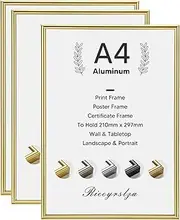 Rieeyrslza Aluminium Picture Frame Set of 3 Aluminum Document Frames 21 x 29.7 cm A4 Collage Frame Wall & Table Frame Poster Wall Picture Frame Suitable for Home School Gallery (Gold)