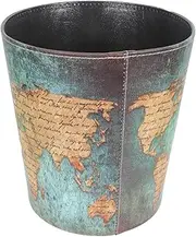 Vintage Leather Trash Can European Style Retro Trash Can Waste Paper Basket Waste Can World Map Pattern Waterproof Decorative Wastebin Dustbin Garbage Bin