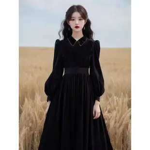 【春季上新】法式洋裝 復古洋裝 絲絨洋裝 赫本風洋裝 赫本風黑色絲絨洋裝新款古著vintage加厚長裙