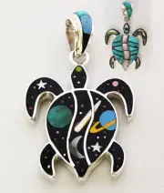 Reversible Multicolor Turquoise Paua Shell Celestial .925 Silver Turtle Pendant