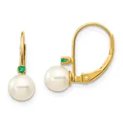 14k Yellow Gold 5-5.5mm White Round FW Cultured Pearl Emerald Leverback Earrings