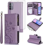 [Asuwish] Phone Case for Samsung Galaxy A15 5G/4G Wallet Cell Cover with Tempered Glass Screen Protector Wrist Strap Flower Flip Zipper Card Holder Slot Stand A 15 G5 15A Women Girls Purple