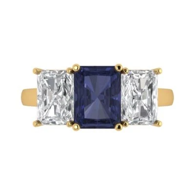 4Ct Emerald Cut Blue Sapphire 14K/18K Gold Engagement Promise Statement Ring