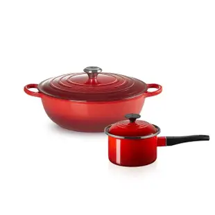 【Le Creuset】典藏琺瑯鑄鐵媽咪鍋32cm+琺瑯醬汁鍋14cm(櫻桃紅/火焰橘)