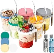 6 pcs Overnight Oats Containers with Lids and Spoons and 3in 1 Brush, Glass Overnight Oats Jars, Large Capacity Airtight Jars for Milk, Meal Prep, Yogurt, Salad, Cereal, Fruit