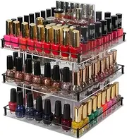 J JACKCUBE DESIGN Nail Polish Organizer, 3 Tier Acrylic 360 Rotating Display Rack Stand Makeup Cosmetics Storage Box Carousel Shelf with Black Iron Guard, Hold Up to 180 – MK302-3