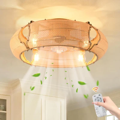 20.86" Boho Caged Ceiling Fan with Lights, Flush Mount Low Profile Rattan Ceilin