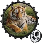 Magnetic Bottle Opener Round Fridge Magnets Tiger Laying on The Grass Portable Opener Funny Beer Opener Decorative Refrigerator Magnets For Home Bar Kitchen Office Black