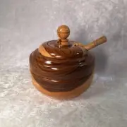 Olive Wood Salt Cellar Bowl W/Lid & Spoon Sugar Spice Keeper Shiny Finish