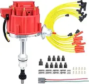 MAS Performance HEI Ignition Distributor w/Cap & Rotor and Spark plug Wire set Compatible with Ford 351 400 460 HEI 65000 Volt Coil KA-1046013 PE332U JM6506BL 351CBLHEI0(Red HEI Kit)