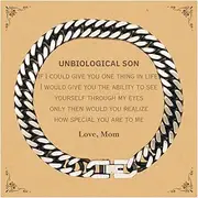 [Generic] Unbiological Son Cuban Link Chain Bracelet Engraved With Love from Mom | Special Gifts for Birthday, Christmas, Graduation | Unique and Inspirational Jewelry for Him, Small, Silver Plated Zinc, Cubic
