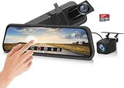 Christmas Birthday Gift Idea Mirror Dash Cam Dual Front and Rear Camera Elinz 10" 1080P for Car, Men Women, Him Her, Rearview Mirror Monitor Reverse Reversing Cam 720P with 32gb SD Card, 1 Yr Warranty