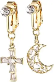 [Niaspi] 2Pcs CZ Cross Moon Fake Belly Button Rings for Women Girls Stainless Steel Non Piercing Clip On Belly Navel Rings Non Pierced Dangle Belly Barbell Fake Belly Piercing Jewelry