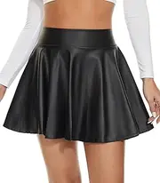 [DingCo] Women's Faux Leather Black Mini Skirt Classic high Waisted Skirt Pleated Skirt PU Black Leather Skirt