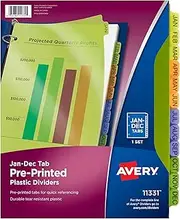Avery Plastic Jan-Dec Tab Binder Dividers, Pre-Printed Multicolor Tabs, 12-Tab, 24 Packs (11331)