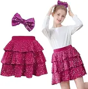 [American Trends] Girls Sparkly Sequin Skirts Toddler 3-Layers Ruffle Metallic Skirt Kids Glitter Skirt with Hairbow