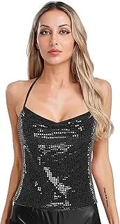 [TiaoBug] Womens Metallic Sequin Dance Top Halter Cowl Neck Backless Crop Tops Tank Top for Club Party Festivals