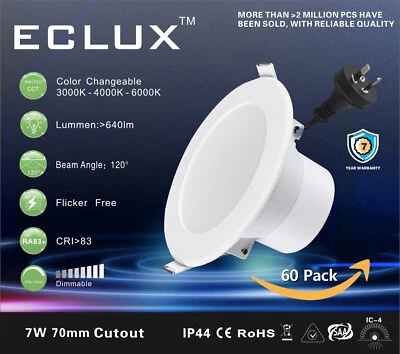 60PCS 7W LED Downlight Kits 70mm Cutout CCT Dimmable Color Changeable IP44