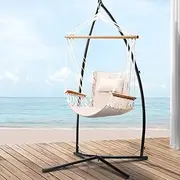 Gardeon Hammock, Cotton Chair Portable Camping Swing Hanging Chairs Hammocks Patio Backyard Porch Outdoor Indoor Furniture, with Stand Solid Timber Armrest