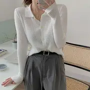 Collar Plain Ribbed Knit Top White - L