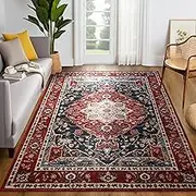 YJ.GWL Large Area Rug for Living Room, 5x8 Machine Washable Boho Rug for Bedroom, Low Pile Lightweight Thin Rugs Floral Vintage Distress Print Pattern Carpet for Dining Room, Red