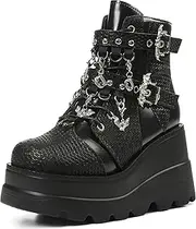 [Tscoyuki] Goth Platform Ankle Boots for Women - Bat Buckle Straps Rave Boots Zip Round Toe Combat Boots Womens Chunky Wedges High Heels Moto Booties