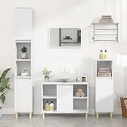 3 Piece White Bathroom Furniture Set: Engineered Wood Cabinet, Narrow Organizer, Small Stand, Slim Shelf, Toilet Paper Holder, Wall Storage