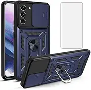 Asuwish Phone Case for Samsung Galaxy S23 Plus 5G with Slide Camera Cover and Tempered Glass Screen Protector Hard Stand Ring Holder Hybrid Cell Accessories S23+5G S23plus 23S + S 23 23+ Women Blue