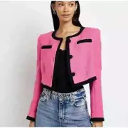 NWT RIVER ISLAND Womens Boucle Textured Cropped Barbie Blazer Jacket Size 14