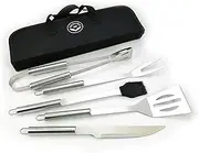 NewlineNY Stainless Steel BBQ Grill Tool Kit 5 PCS Set : Tong, Meat Fork, Basting Brush, Spatula, Knife + Carrying Bag for Picnic Camping Barbeque Cooking Grilling