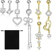 [ViEinkaufen] 7 Pcs Belly Button Bars Stainless Steel Belly Button Rings, Silver Gold Dangly Barbell Rings Surgical Steel Hypoallergenic Navel Bars for Women Girls Piercing Jewellery