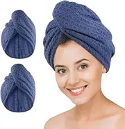 Microfiber Hair Drying Towel - 2Packs Waffle Long Hair Head Turban Wraps Terry Cloth Fast Absorbent Dry Anti Frizz Twist Plopping Curly Shower Turban for Women Wet Hair (Dark Blue)