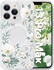 Tcaraersing for iPhone 13 Pro Max 6.7'' for Magnetic Clear Flower Case, Compatible with MagSafe, Floral Pattern Transparent Shockproof PC Back Soft TPU Slim Thin Cover for Girls Women - Magnolia