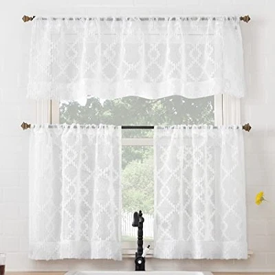 Tina Geometric Clipped Semi-Sheer Rod Pocket Kitchen Curtain Valance and