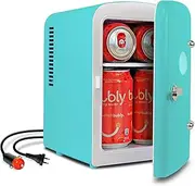 Koolatron Retro 4L 6 Can Portable Mini Fridge, Compact Car Refrigerator, Skincare Cosmetic Beauty Makeup Personal Cooler 12V and AC Cords Desktop Accessory for Bedroom Home Office Travel (Aqua)