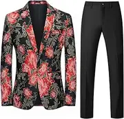 [JEShifangjiusu] Men Set Of Two Crushed Flower Dresses Set One Capsule Dinner Button Tuxedo Coat And Pants Luxury Printed Wedding Suit Coat, Red2, XL
