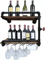 Industrial Wall Mounted Wine Racks with 4 Stem Glass Holder,24Inch Rustic Metal