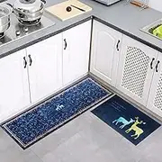 MECOS 2pcs Set Kitchen Rugs Mats Runner Non Skid Washable Super Absorbent Anti Fatigue for Under Sink Entryway (Blue Elk)