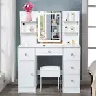 LED Makeup Vanity Desk with LED Mirror 5 Drawers Dressing Table Stool Set White