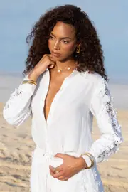 Coconut | Ecru Linen Button-Up Shirt With Lace Detail
