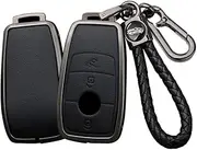 HIBEYO 3 Button Key Fob Cover Compatible with Mercedes Benz A C G E S Class CLA CLS GLA GLC GLE GLS SLC Key Leather & Alloy Key Cover Accessories with Keychains-B Keychain Black