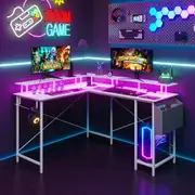 Advwin L Shaped Gaming Desk RGB LED & Power Outlets Corner Desk Study Workstaion with Monitor Stand Hooks White
